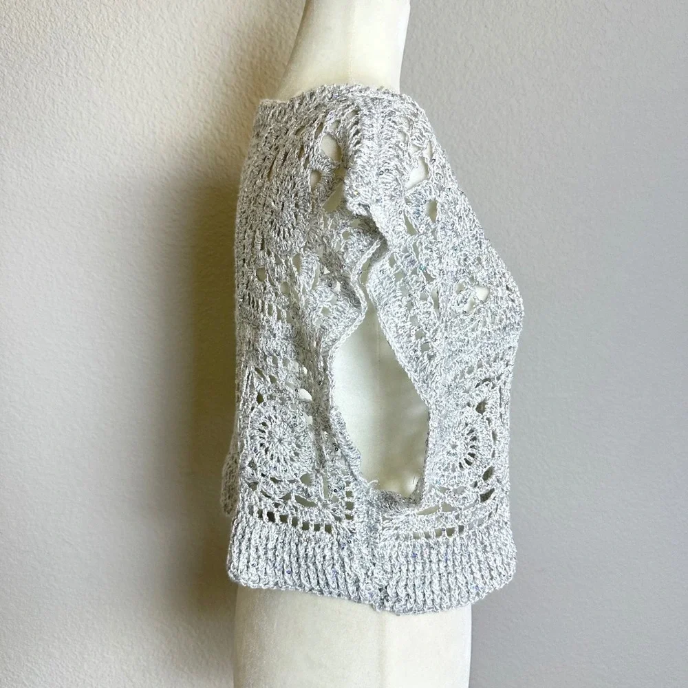 Handmade Silver Metallic Crochet Sequin Granny‎ Square Crop Top Festival Boho